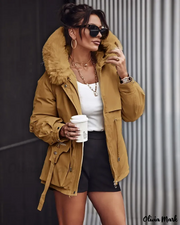 Faux Fur Hooded Lantern Sleeves Coat