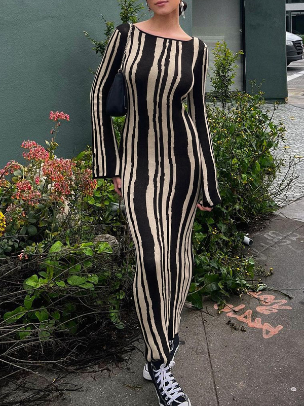 Striped Crew Neck Long Sleeve Maxi Dress