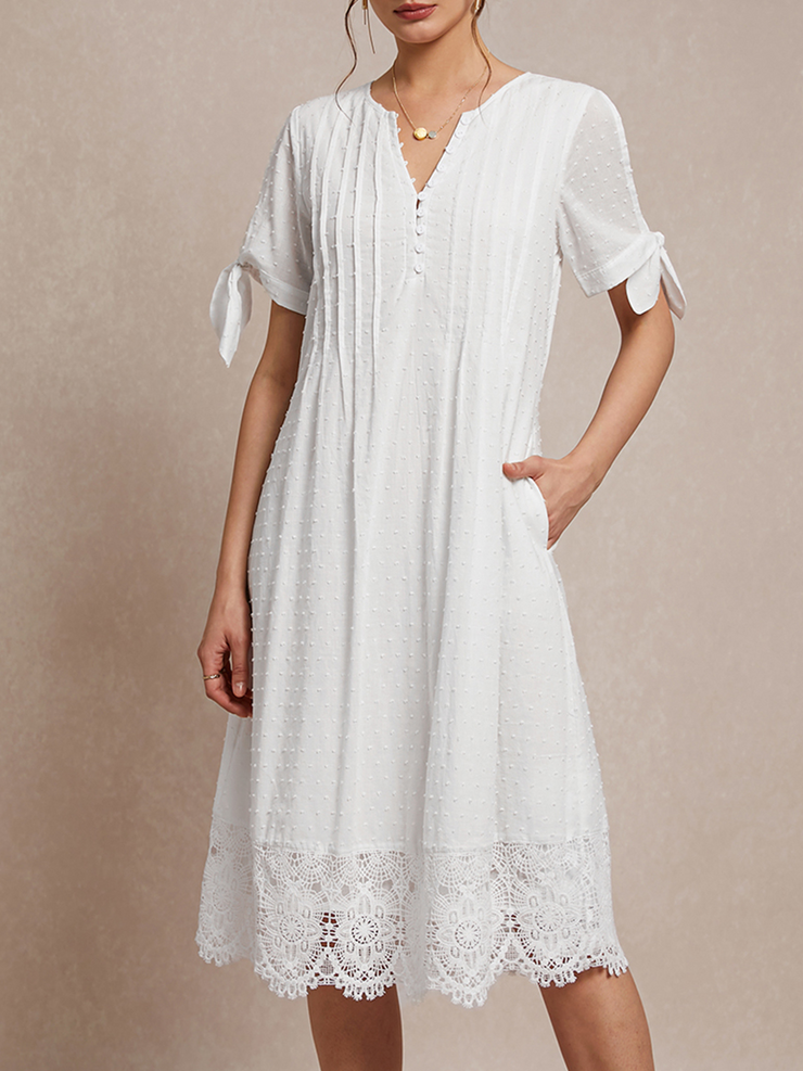 White Plain Short Sleeves Buttoned Casual Dress