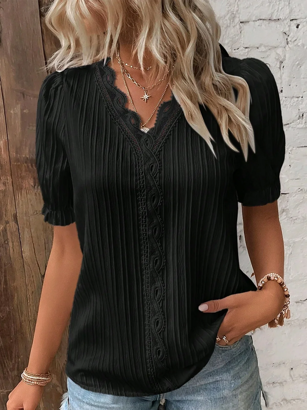 Plain V Neck Half Sleeves Loose Blouse