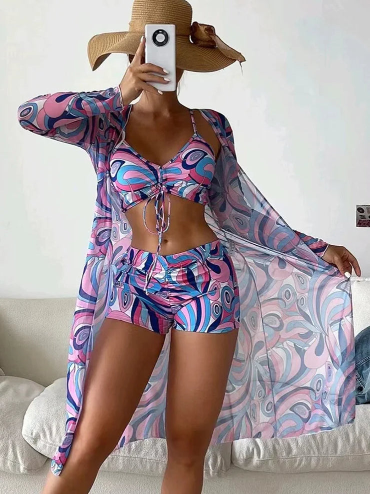 3PCS Allover Print Drawstring Bikini Set With Cover Up