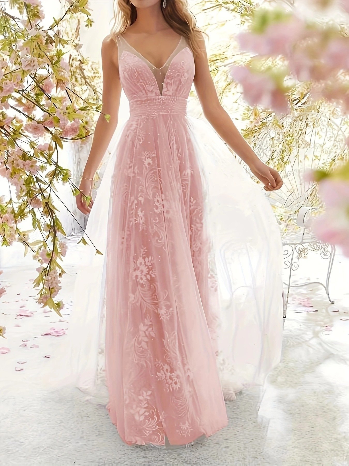 A-Line V Neck Sleeveless Lace Prom Dress