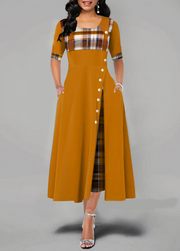 Decorative Button Plaid Ginger Round Neck Dress