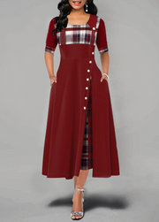 Decorative Button Plaid Ginger Round Neck Dress