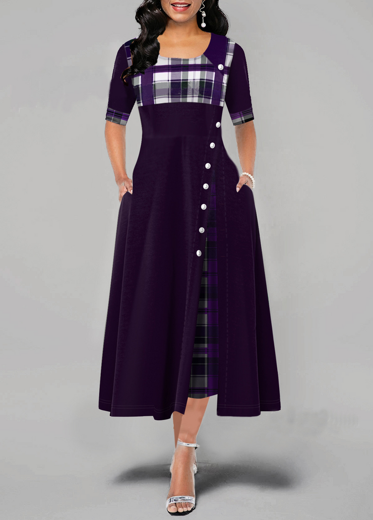 Decorative Button Plaid Ginger Round Neck Dress