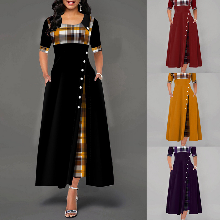 Decorative Button Plaid Ginger Round Neck Dress