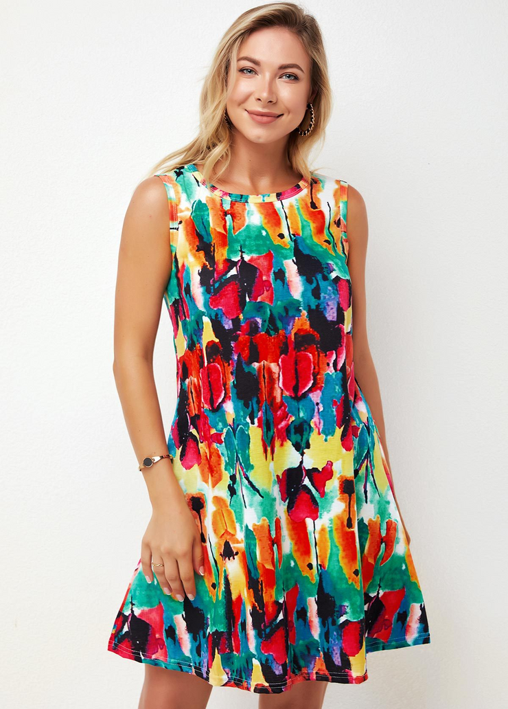 Sleeveless Printed Round Neck Dress