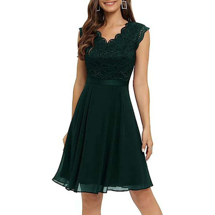 Short Sleeve Lace Panel High Waist Dress