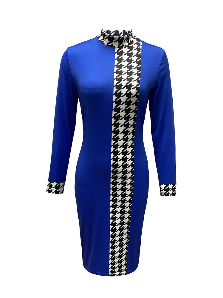 Houndstooth Print Blue Knee Length Bodycon Dress