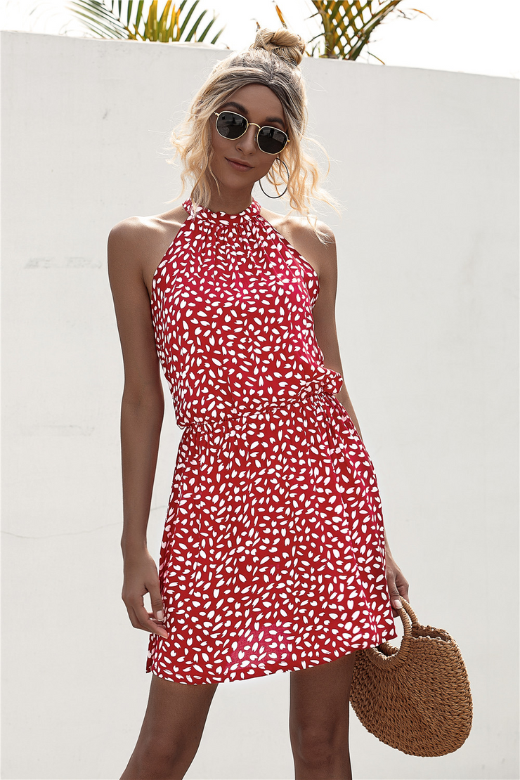 Polka Dot Print Halter Neck Casual Dress