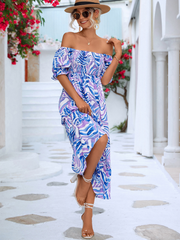 Smocked Print Off The Shoulder Midi Dress