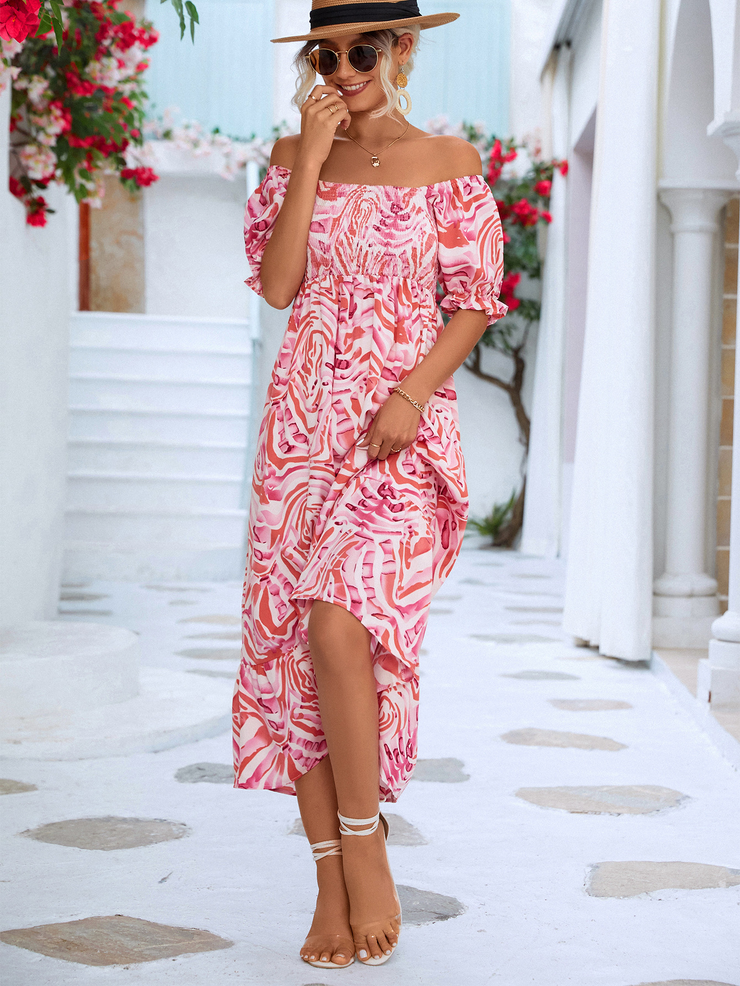 Smocked Print Off The Shoulder Midi Dress