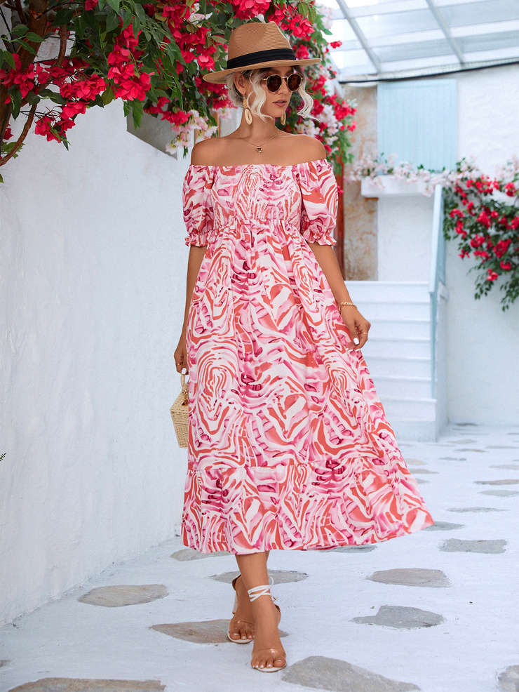 Smocked Print Off The Shoulder Midi Dress