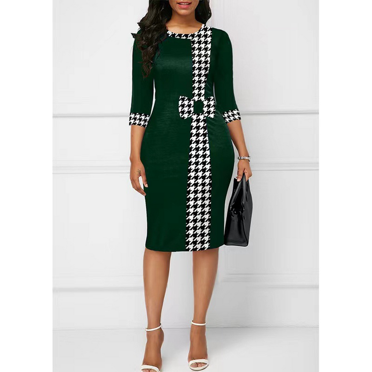 Houndstooth Print Bowknot Knee Length Bodycon Dress