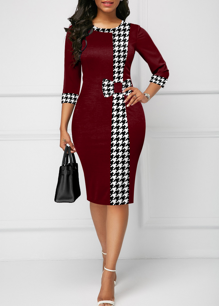 Houndstooth Print Bowknot Knee Length Bodycon Dress