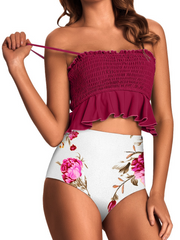 Floral Print Smocked Ruffled Top & High-Rise Bottoms Set