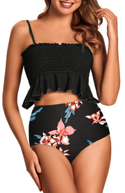 Floral Print Smocked Ruffled Top & High-Rise Bottoms Set