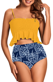 Floral Print Smocked Ruffled Top & High-Rise Bottoms Set