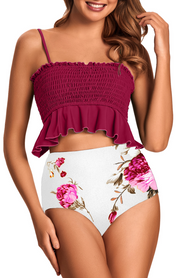 Floral Print Smocked Ruffled Top & High-Rise Bottoms Set