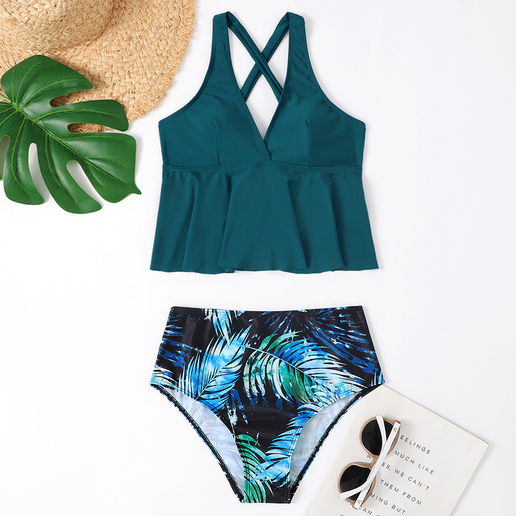 Ruffled Tankini And High Waist Bikini Set