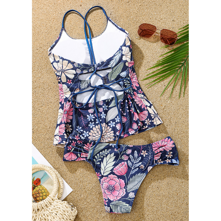 Flower Print Cross Back Tankini Set