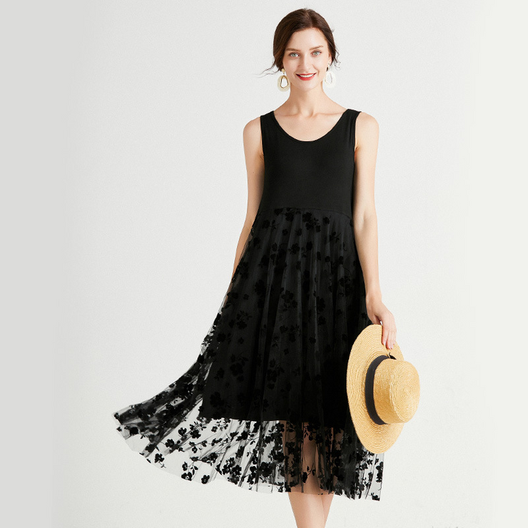 Women Lace Retro Stitching Maxi Pinafore Dress