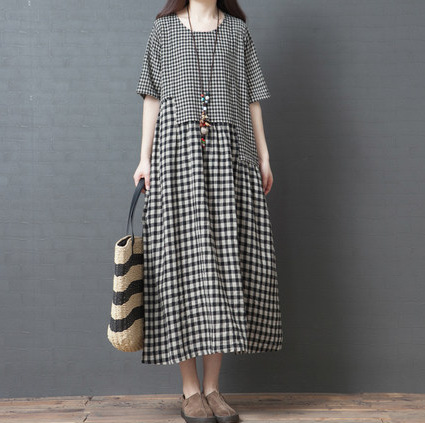 Cotton Short Sleeve Plaid Dress