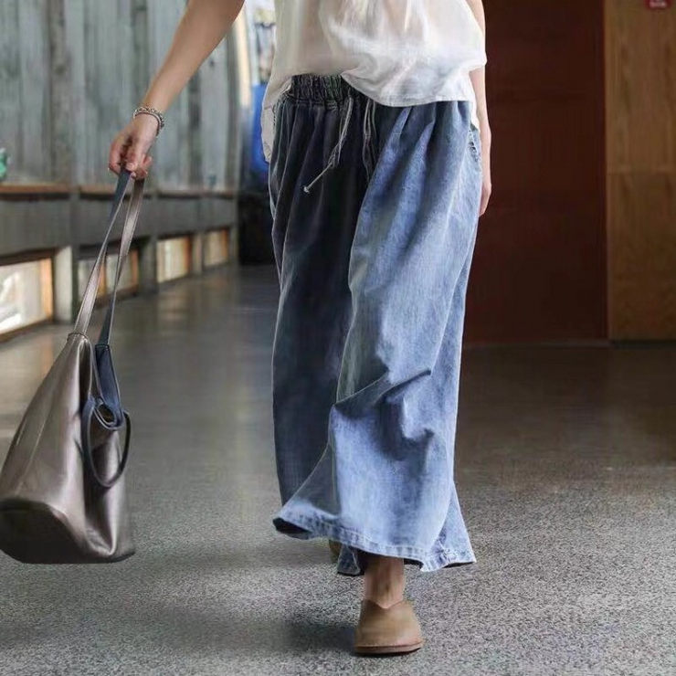 Casual Drawstring Blue Denim Wide Leg Pants Jeans