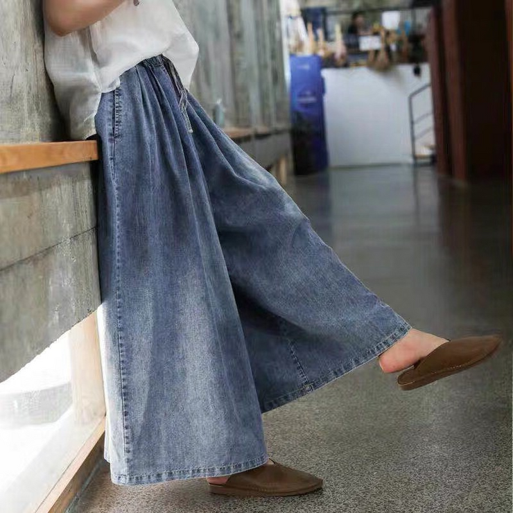 Casual Drawstring Blue Denim Wide Leg Pants Jeans