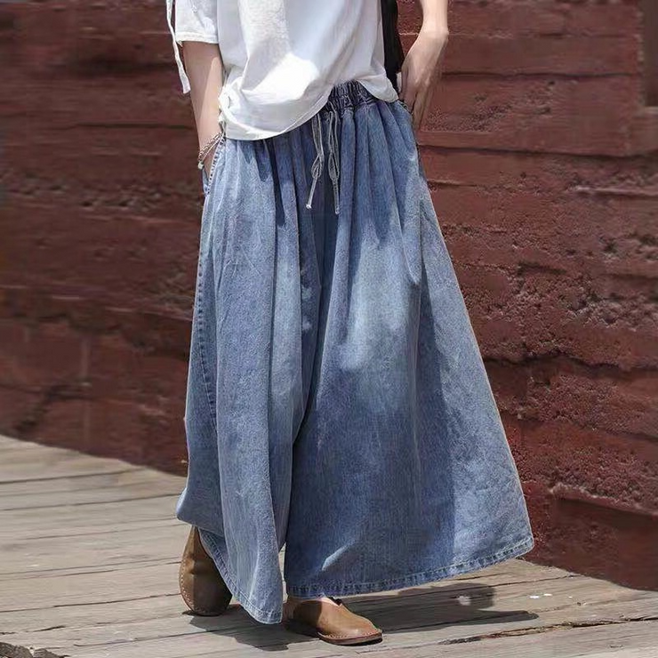 Casual Drawstring Blue Denim Wide Leg Pants Jeans