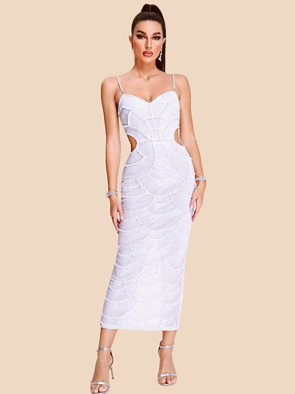 White Pearl Sequin Midi Dress