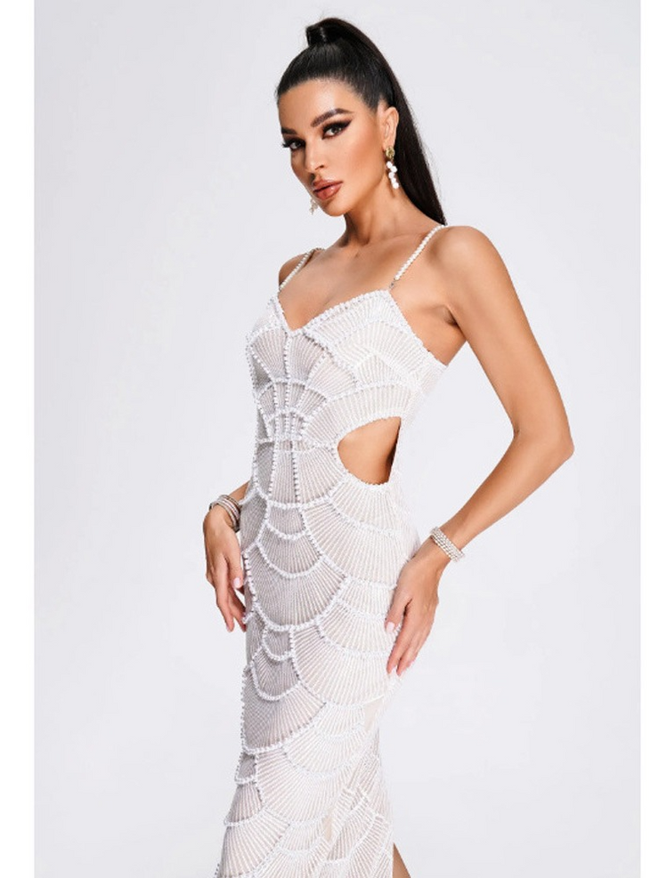 White Pearl Sequin Midi Dress