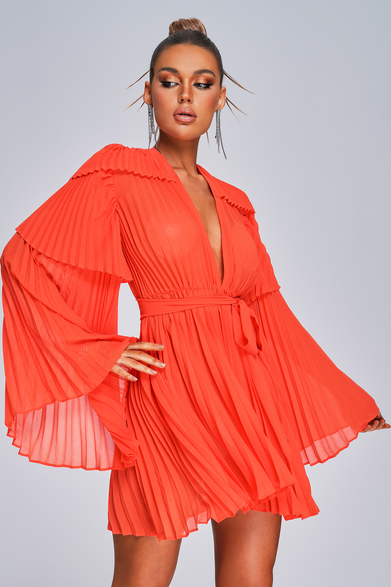 Orange Red Pleated Mini Dress