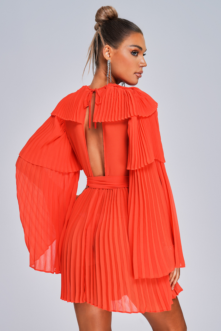 Orange Red Pleated Mini Dress