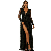 Black Sequin Fringed Bowknot Long Sleeve Slit Thigh Prom Dress