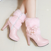 Fuzzy Bowknot Decorated Platform High Heel Boots