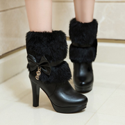 Fuzzy Bowknot Decorated Platform High Heel Boots