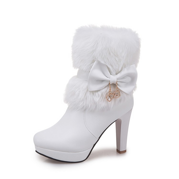 Fuzzy Bowknot Decorated Platform High Heel Boots