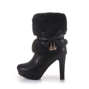 Fuzzy Bowknot Decorated Platform High Heel Boots