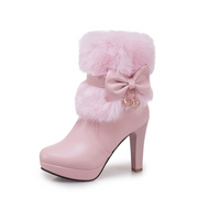 Fuzzy Bowknot Decorated Platform High Heel Boots