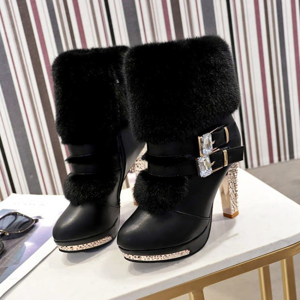 Charming Furry Side Zipper High Heel Boots