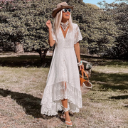 White V-Neck Short Sleeves Lace Casual Boho Maxi Dress