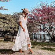 White V-Neck Short Sleeves Lace Casual Boho Maxi Dress