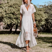 White V-Neck Short Sleeves Lace Casual Boho Maxi Dress