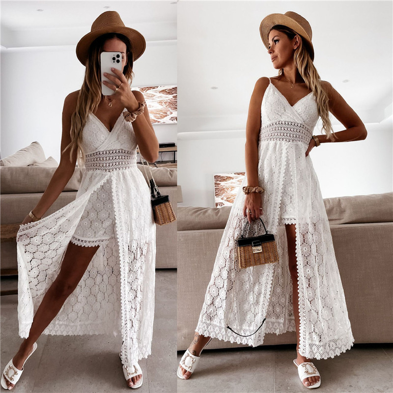 V-Neck Lace Boho Long Romper Beach Dress