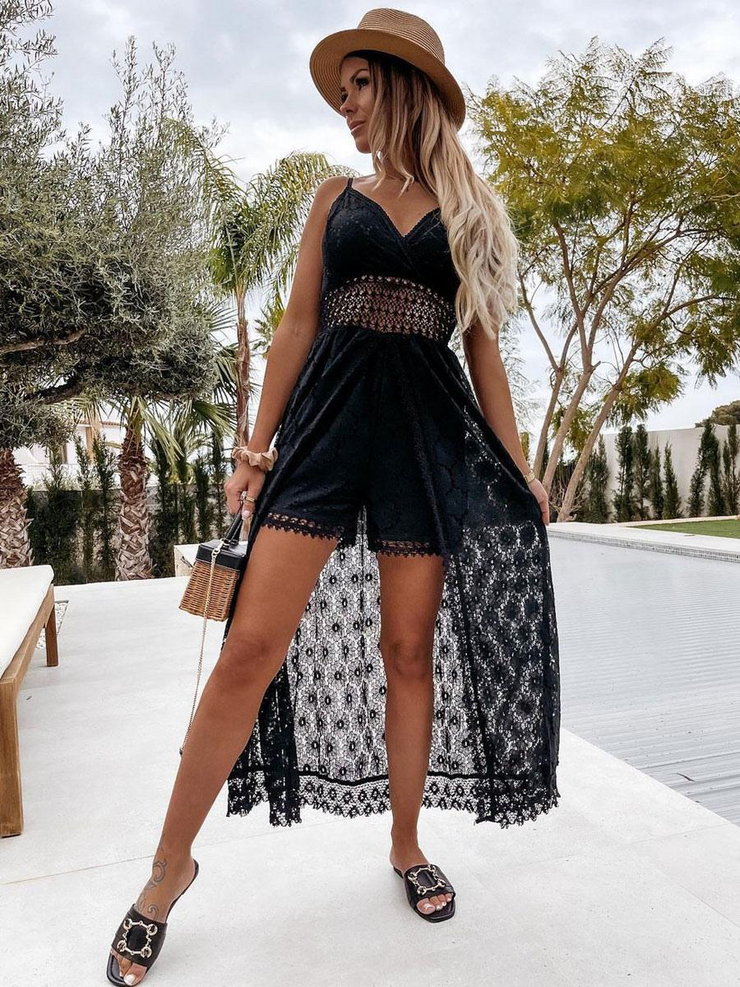 V-Neck Lace Boho Long Romper Beach Dress