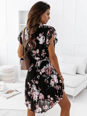 V-Neck Short Sleeves Floral Printed Knee Length Beach Dress