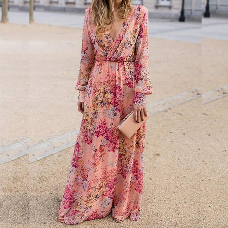 Pink V-Neck Long Sleeves Printed Maxi Dress