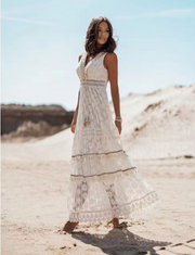 Deep V-Neck Lace Embroidered Hollow Maxi Dress