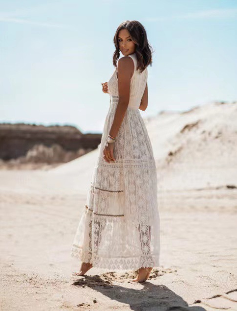 Deep V-Neck Lace Embroidered Hollow Maxi Dress